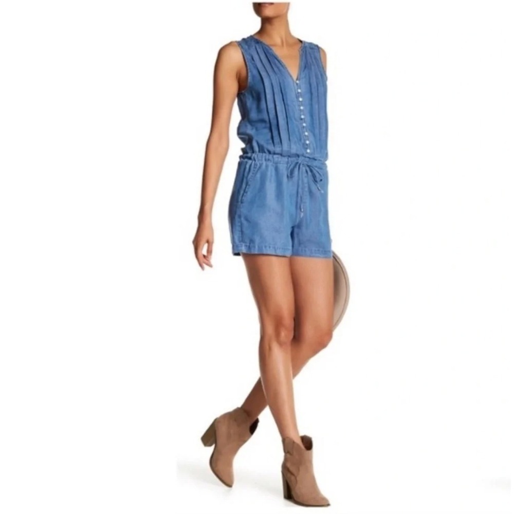 Splendid‎ Women Blue Lyocell Chambray Sleeveless Romper Pintuck Button Front L